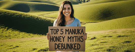 Top 5 Manuka Honey Myths debunked - woman holding a sign 